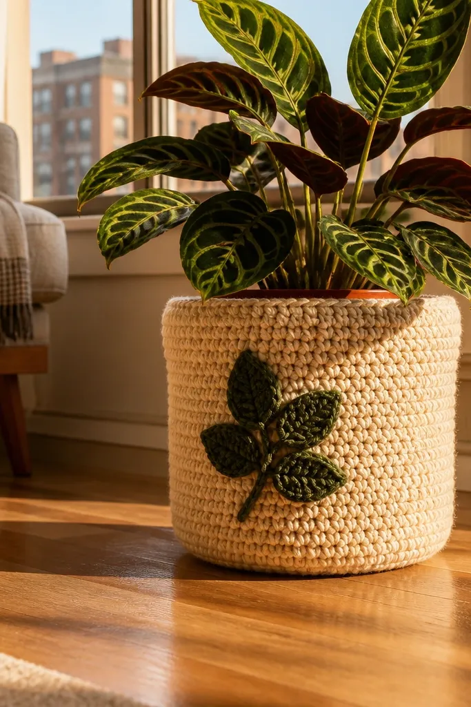 Crochet pot cozy with a leaf applique on the front, sitting neatly