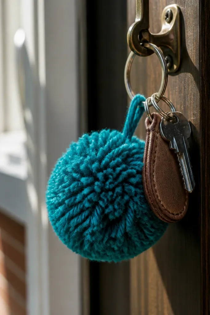 Big pom-pom crochet keychain charm with a smooth yarn surface