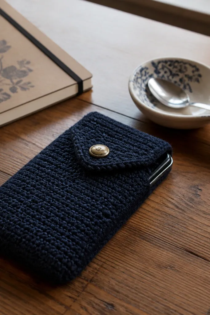 Crochet phone sleeve with a folded flap and a button closure