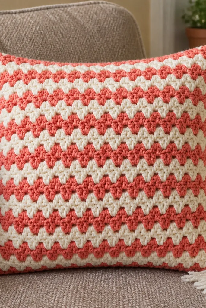 Granny stripe crochet pillow cover with neat edges and tidy closure
