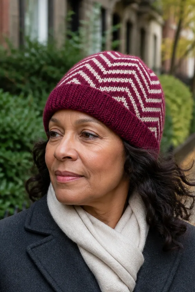 Chevron crochet beanie with a rolled ribbed brim and bold V pattern