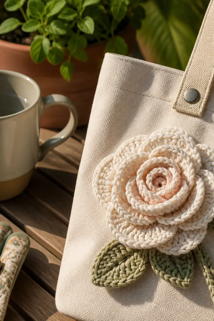 Canvas tote strap with a crocheted rose appliqué stitched on