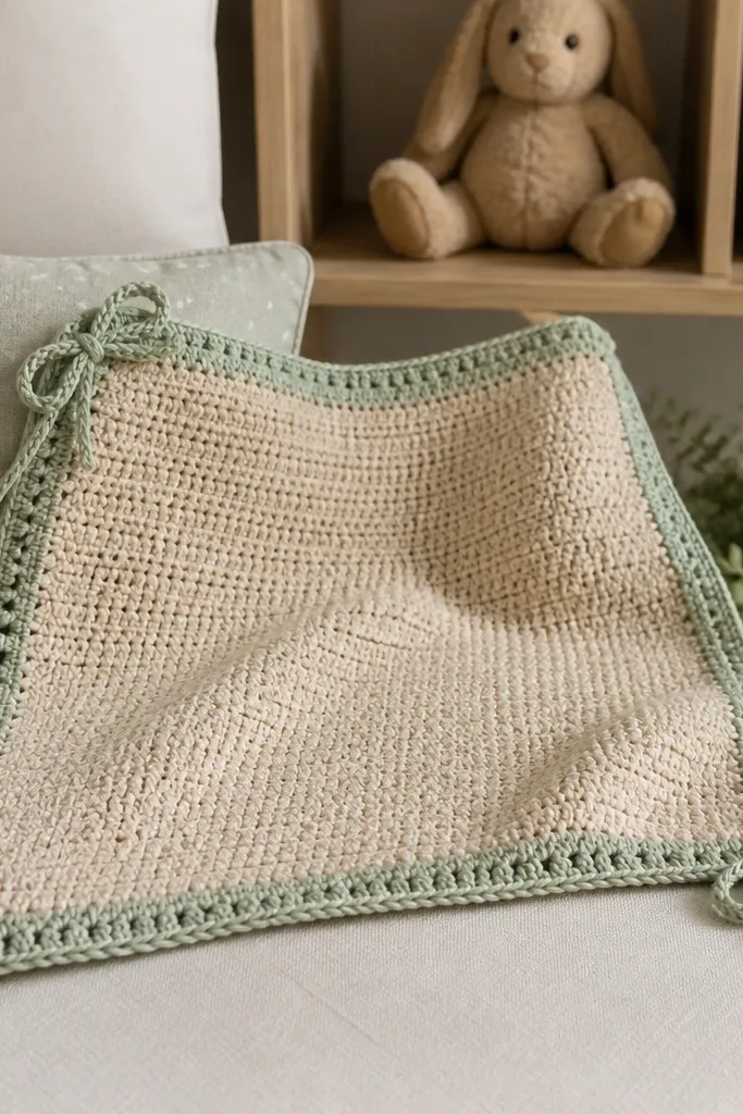 Small lovey blanket with a soft border and tied corners