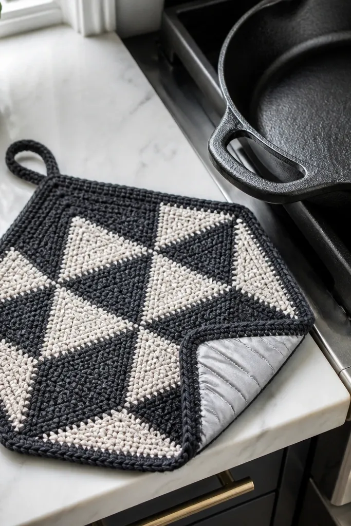 Crochet hexagon potholder with geometric pattern and stitched loop