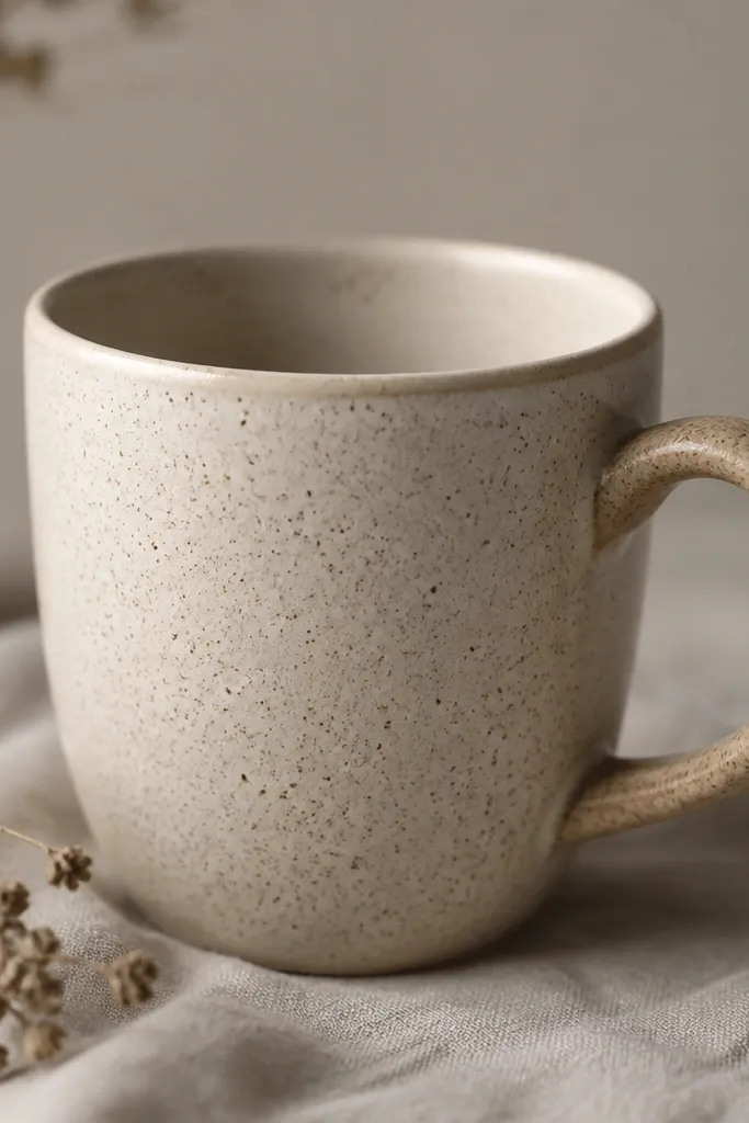 A cream ceramic mug with tiny dark-brown speckles like espresso foam, a slightly lighter rim, and a matte handle that matches the speckles but stays a touch darker.