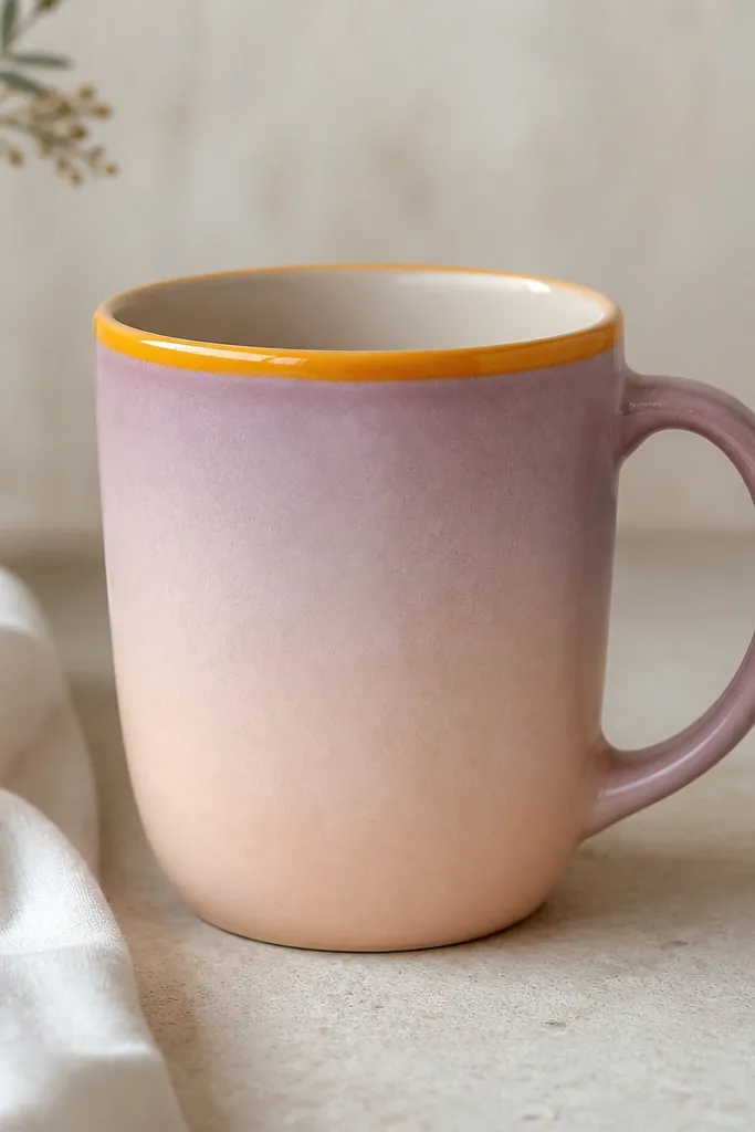 A pale mug fading from dusty mauve at the top into soft peach near the bottom, with a clean bright yellow-orange rim band and a handle painted a muted mauve.