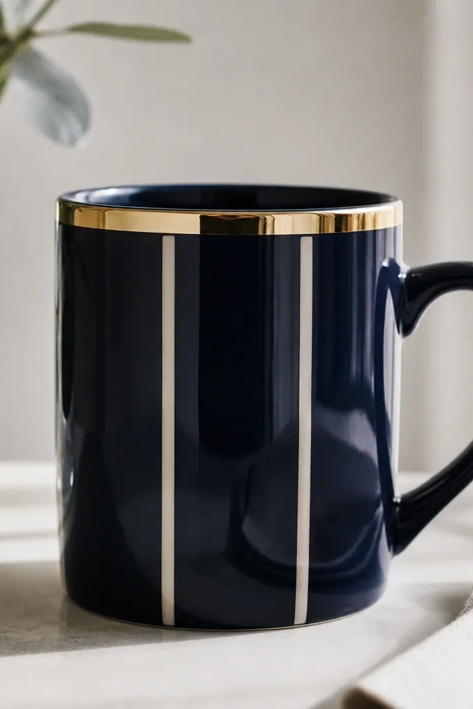 A dark navy mug with two narrow vertical cream stripes, a metallic gold rim band, and a glossy finish that reflects light along the stripes.
