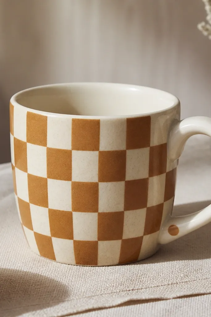 A warm white mug with caramel-brown and cream checkers around the body, plus a small matching dot near the handle base.