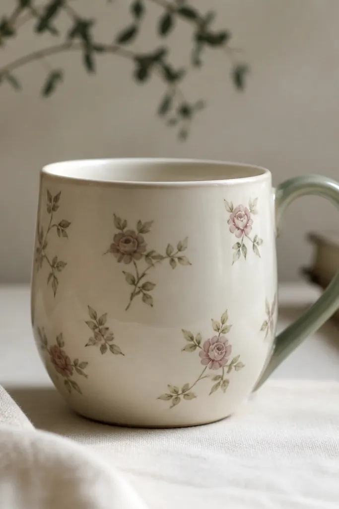 A cream mug with small muted rose-and-green florals, the decal edges look slightly softened, and the handle is painted sage green.