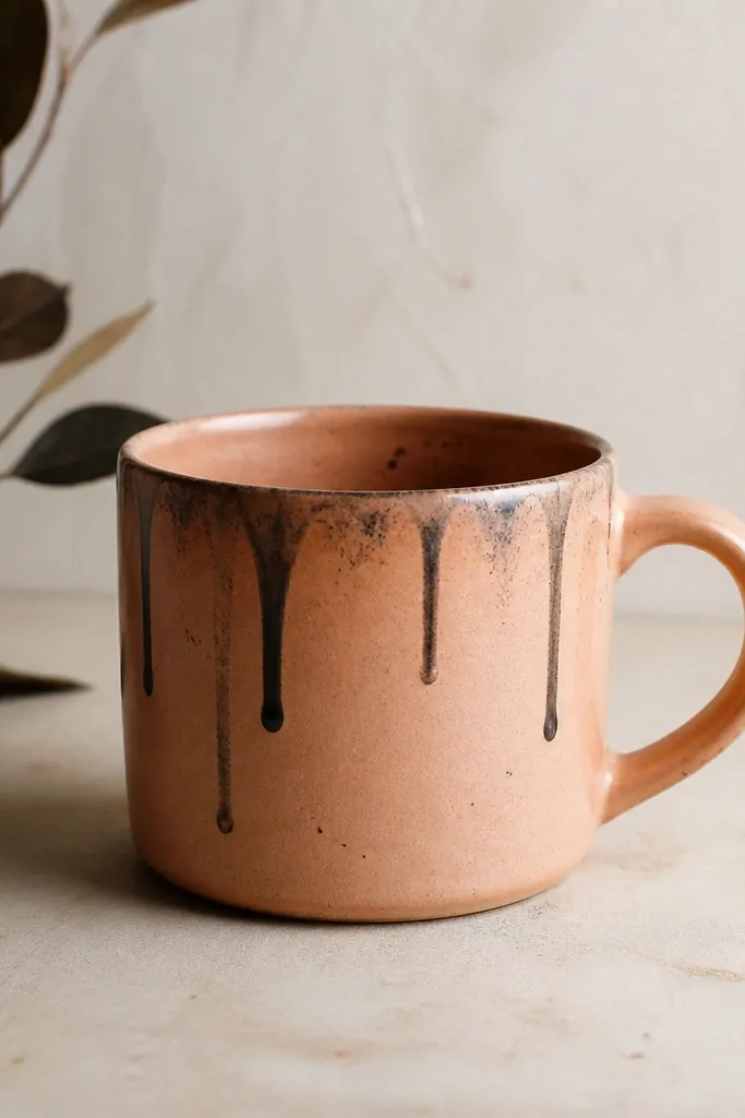 A light terracotta mug with semi-transparent clay wash, subtle darker specks, and a few controlled black drips that stop before the base.