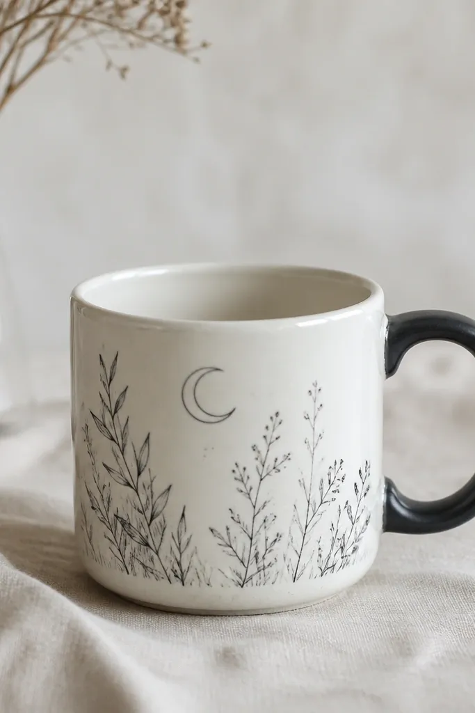 A white mug with fine charcoal line drawings around the sides, like a minimal plant and a crescent moon, with a charcoal-painted handle.