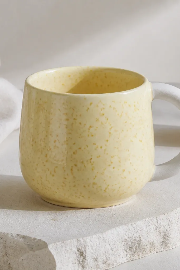 A pale yellow mug with darker yellow speckles like lemon rind, a glossy body, and a matte white handle.