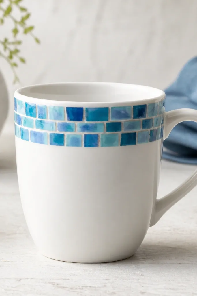 A white mug with a mosaic rim band made of small blue and turquoise tile pieces, with grout-like lines, and a clean plain body.