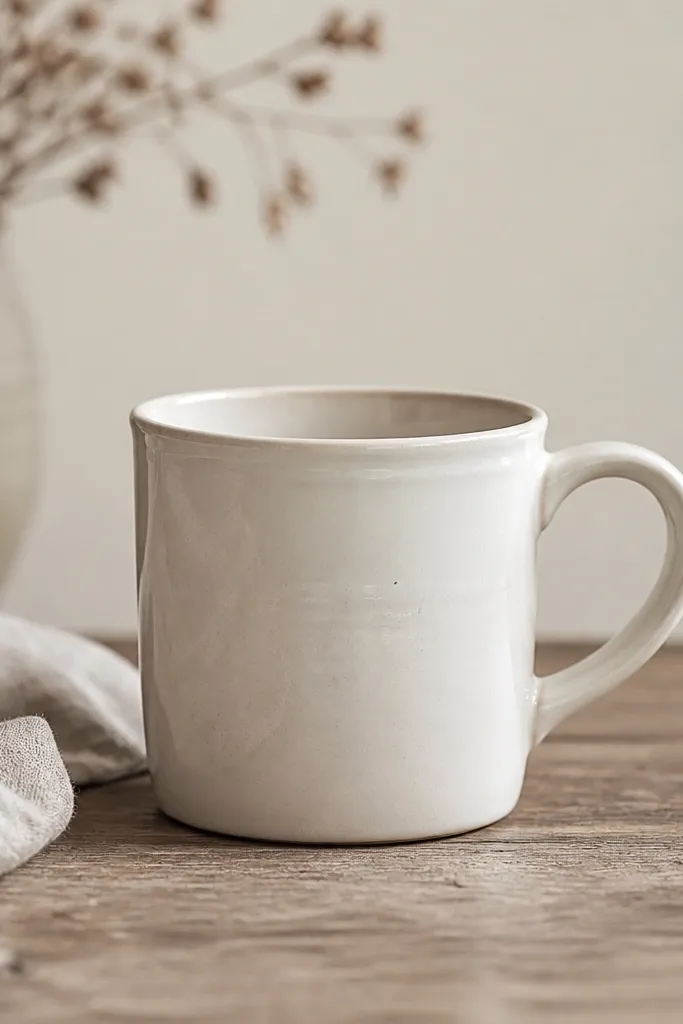 A creamy white mug with a slightly cloudy semi-gloss glaze, a subtle raised rim lip, and a handle in the same glaze tone.