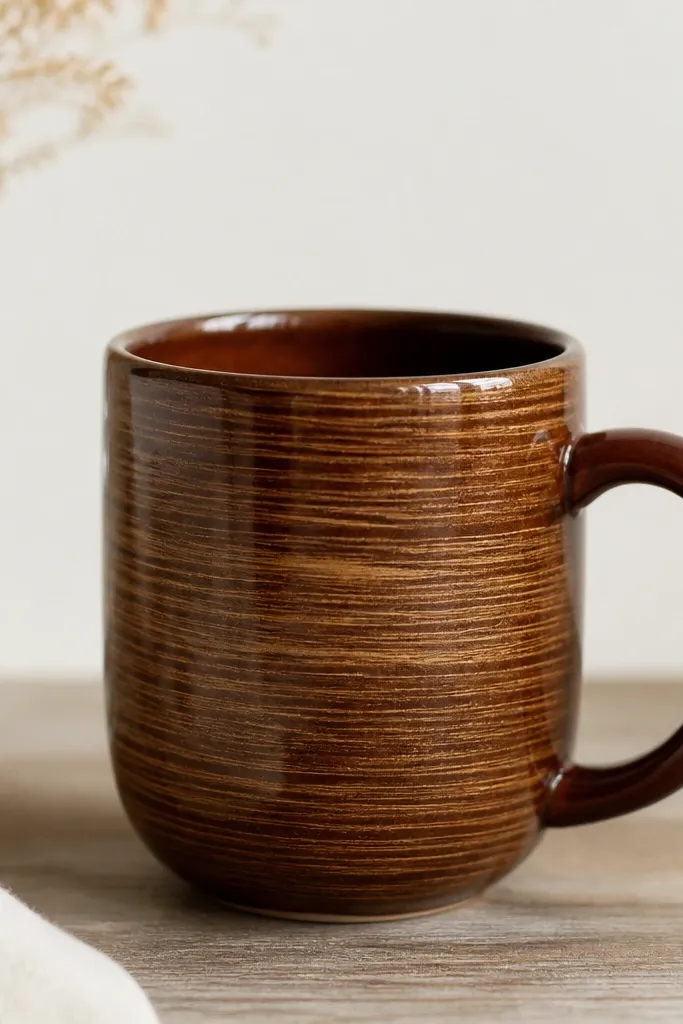 A brown mug with thin lighter beige wood-grain stripes, a darker rosewood handle, and a glossy finish.