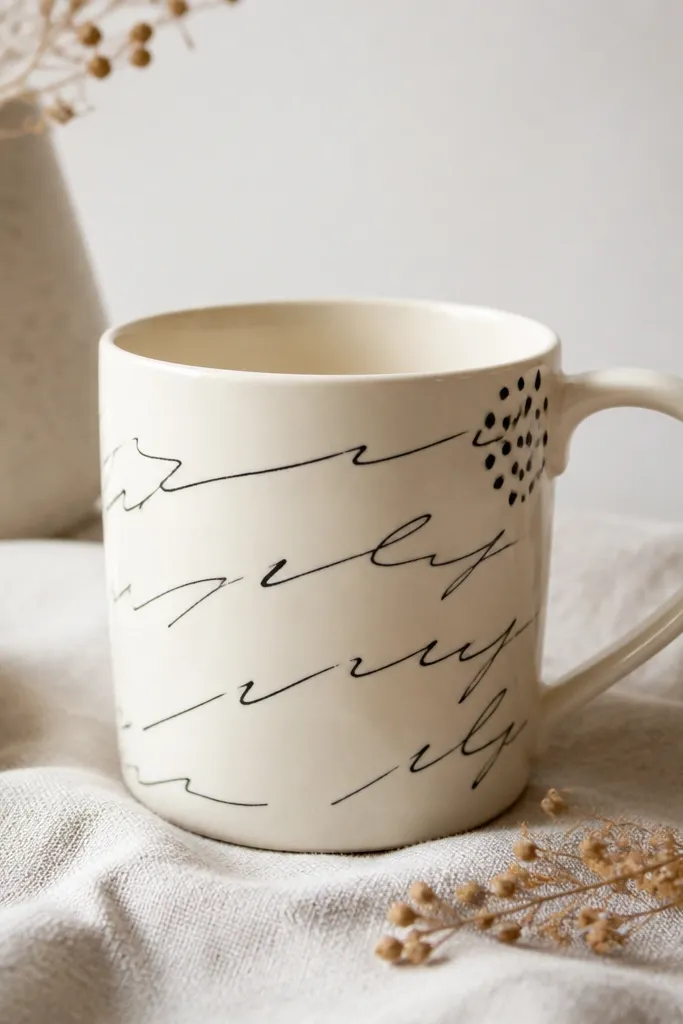 A cream mug with black cursive script wrapping around the side, plus a small black dot cluster near the handle.