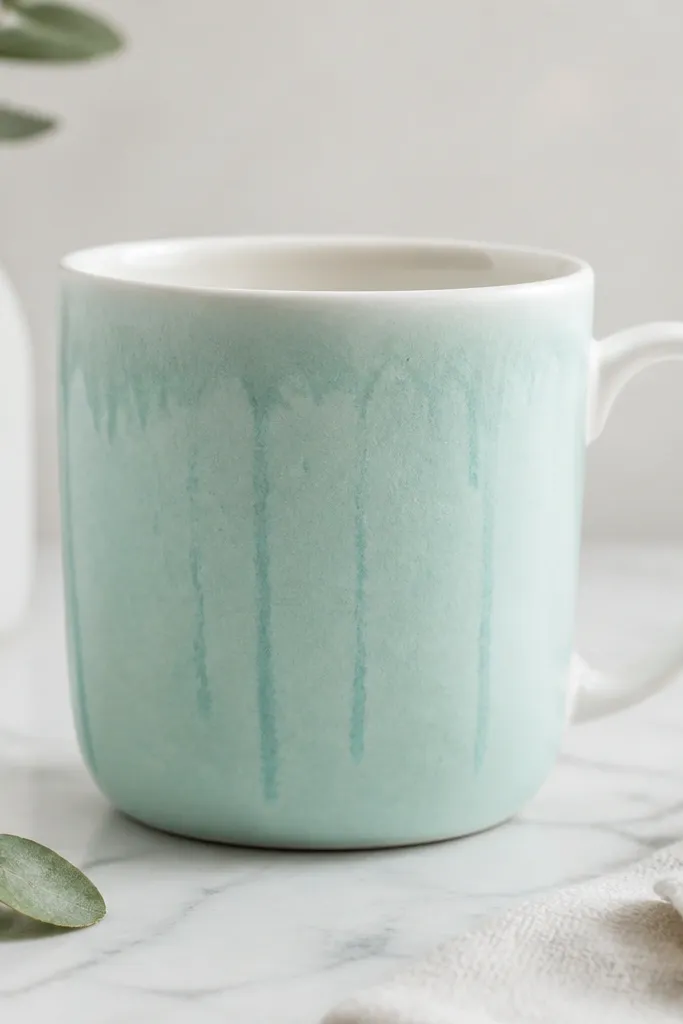 A pale seafoam mug with gentle drip streaks down the sides, a bright white rim, and a white handle that looks clean and separate.