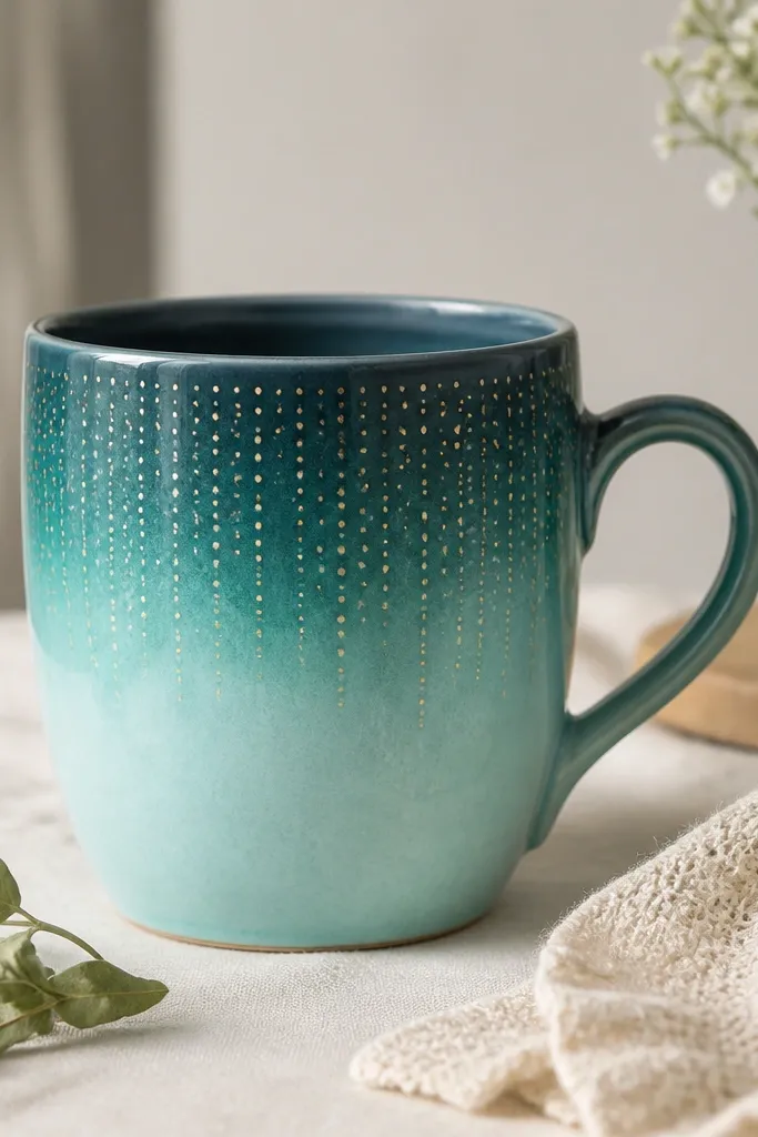 A mug fading from deep teal at the top to lighter aqua near the bottom, with tiny metallic gold dots clustered in a line pattern.