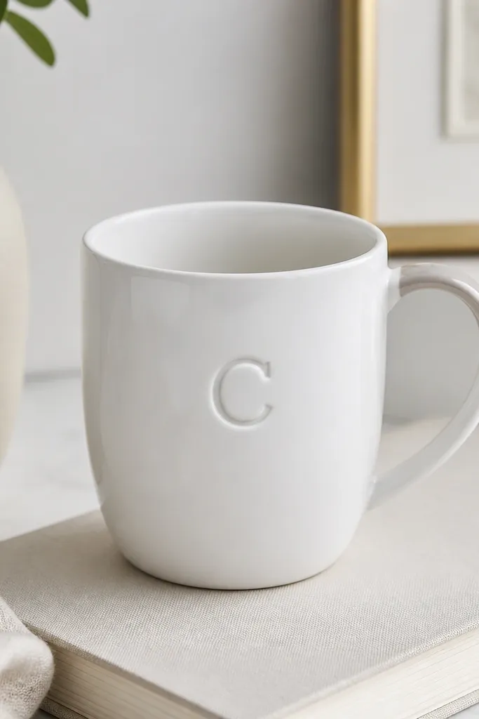 A plain white mug with a small monogram on the side facing outward, a matching color handle accent band, and a glossy finish.