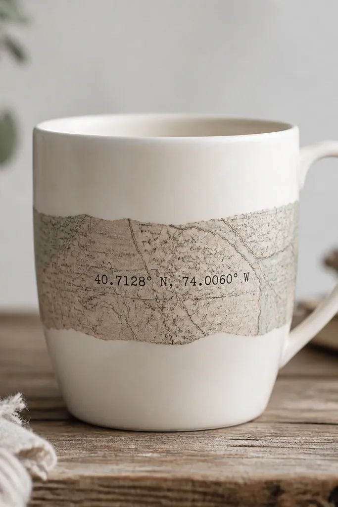A cream mug with a band of torn paper map texture wrapped around the middle, with coordinates stamped in black, and a clean white handle.