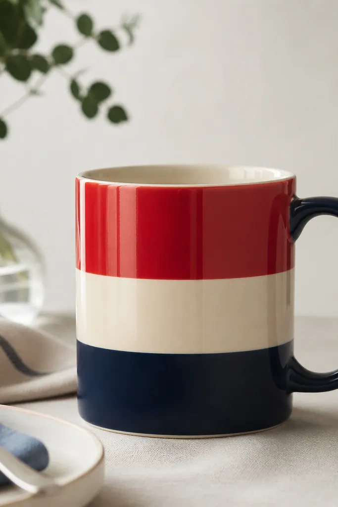A mug with bold blocks of red, cream, and navy stripes wrapping around the body, with a glossy finish and a handle painted navy.