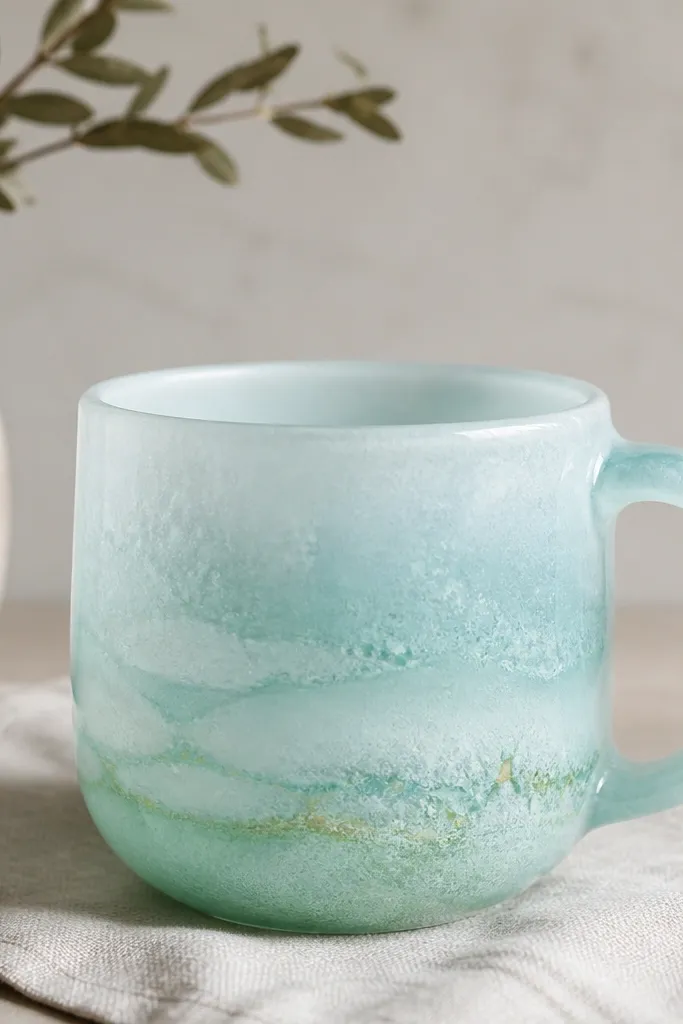 A pale aqua mug with translucent layered glaze that looks like frosted glass, plus a few lighter green streaks near the bottom.