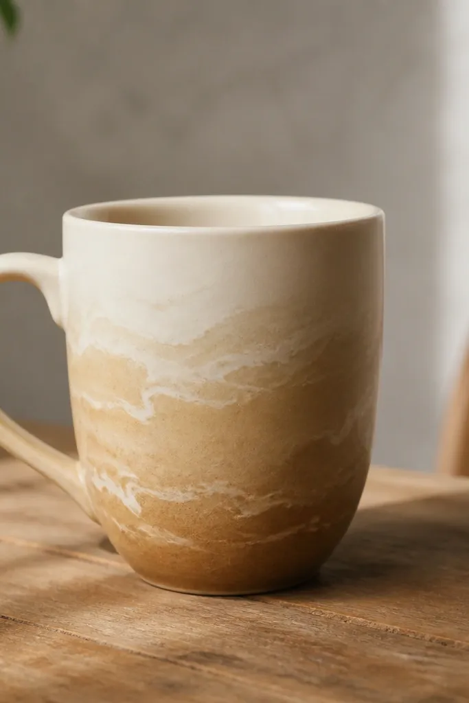 A cream mug with tea-brown stain fading from the bottom up, with a few lighter cream swirls that look like foam.