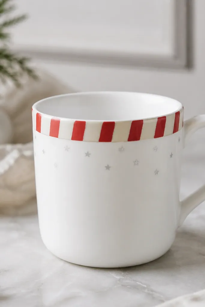 A white mug with candy cane red-and-cream stripes only on the rim band, plus tiny silver star dots scattered near the top.