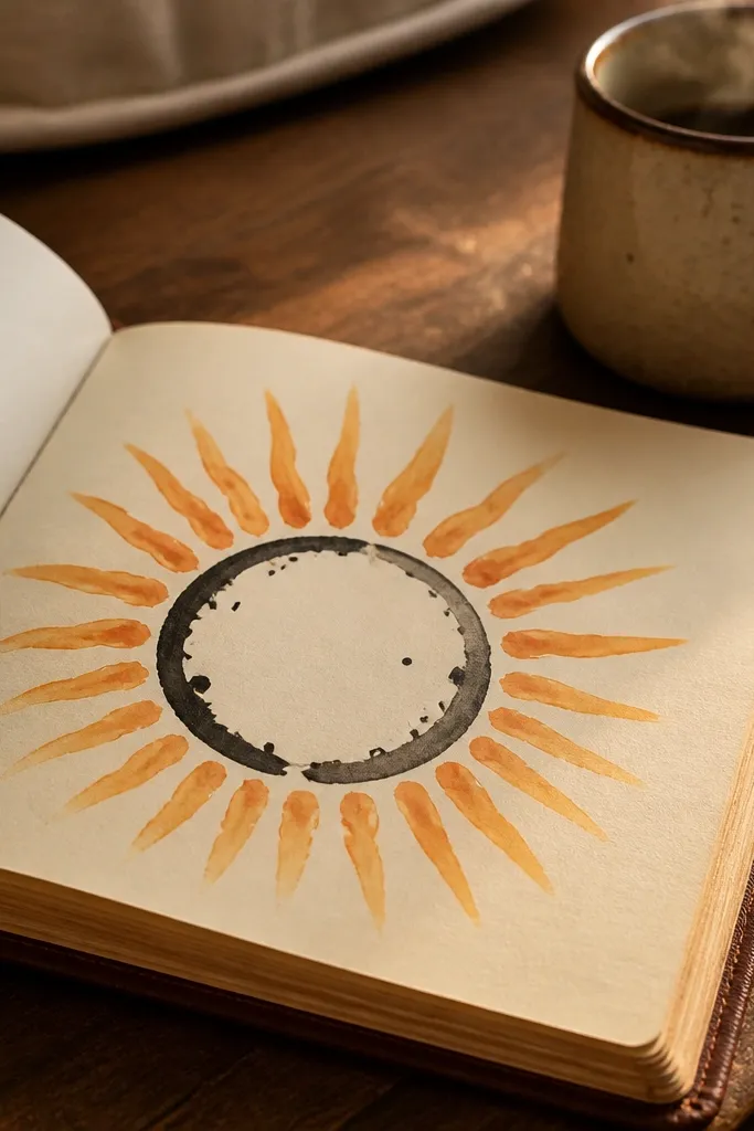 Wavy coffee ring doodle with orange sunburst lines around it