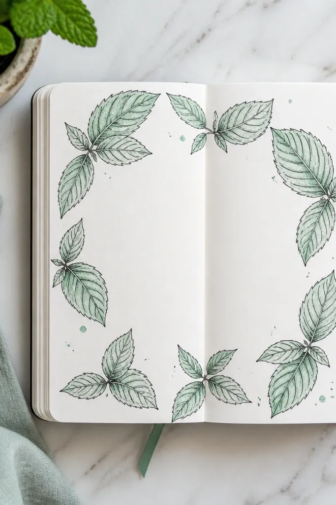 Green mint leaves forming a border with a blank center