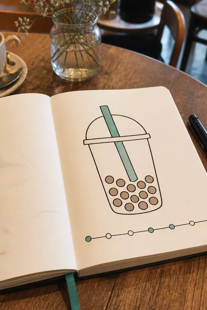 Cup silhouette with tapioca pearls and a small timeline strip