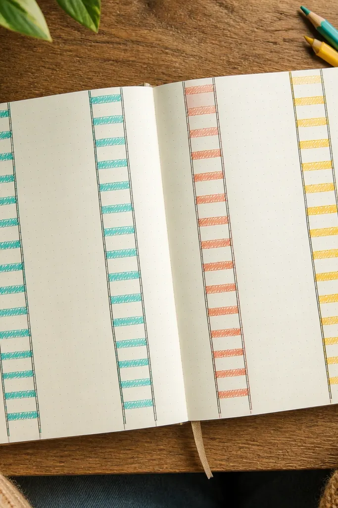 Rainbow stripes built from ladder-like rungs with hatched shading