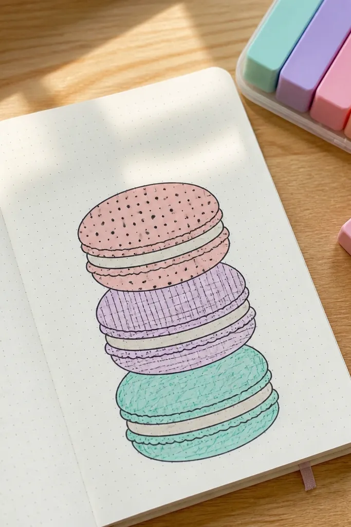 Three macaron circles stacked with polka dot and stripe fillings
