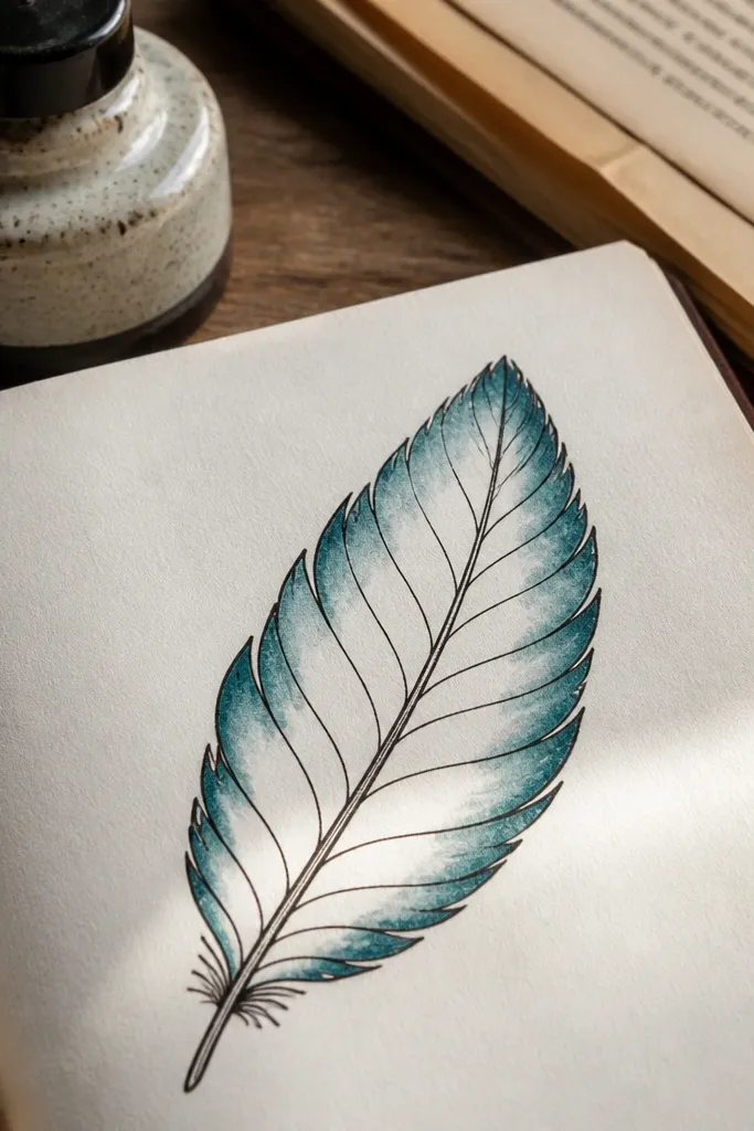 Single feather with thin central line and repeating side veins