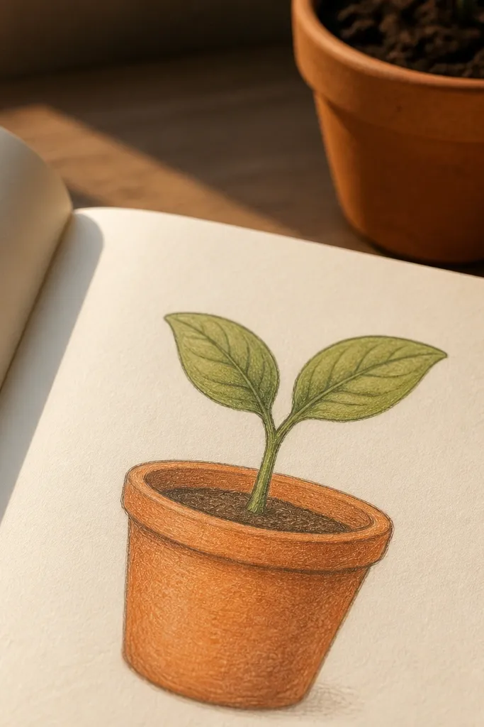 Terracotta plant pot outline with a single green sprout