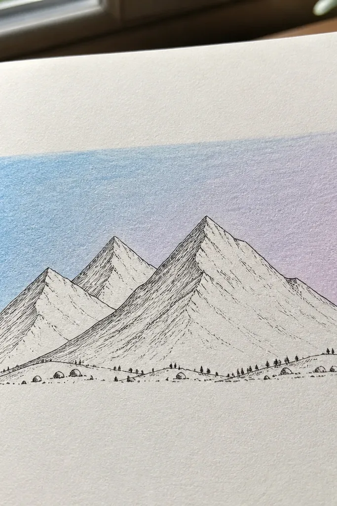 Three layered mountain triangles with colored sky band