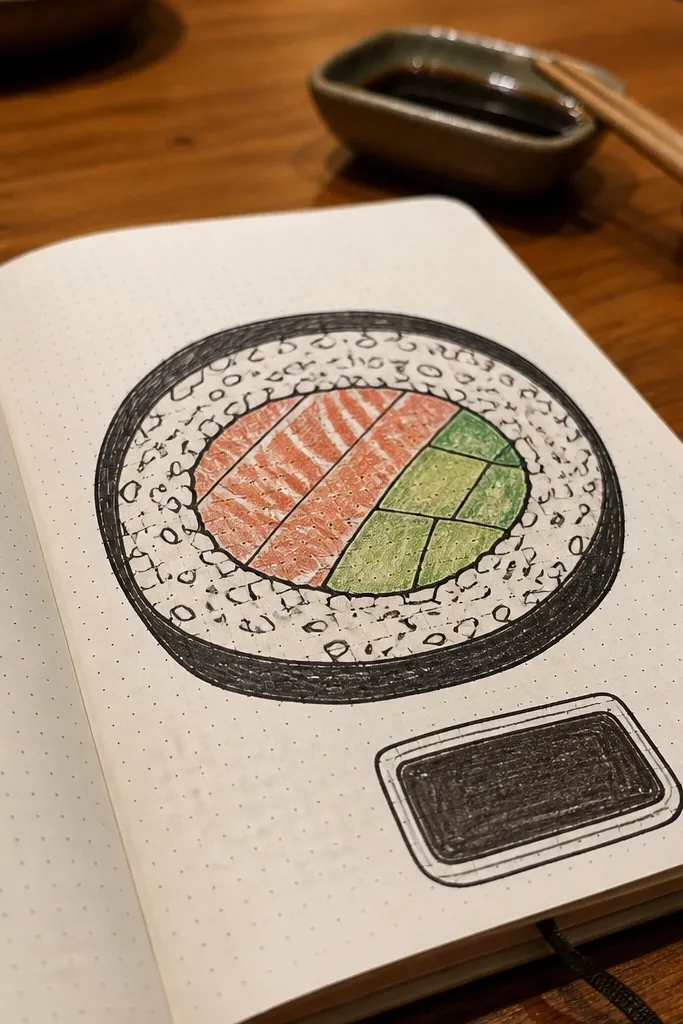 Sushi roll cross-section with rice dots and salmon stripes