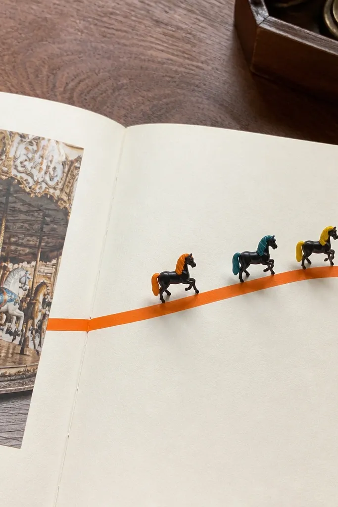 Three small carousel horses on a curved banner