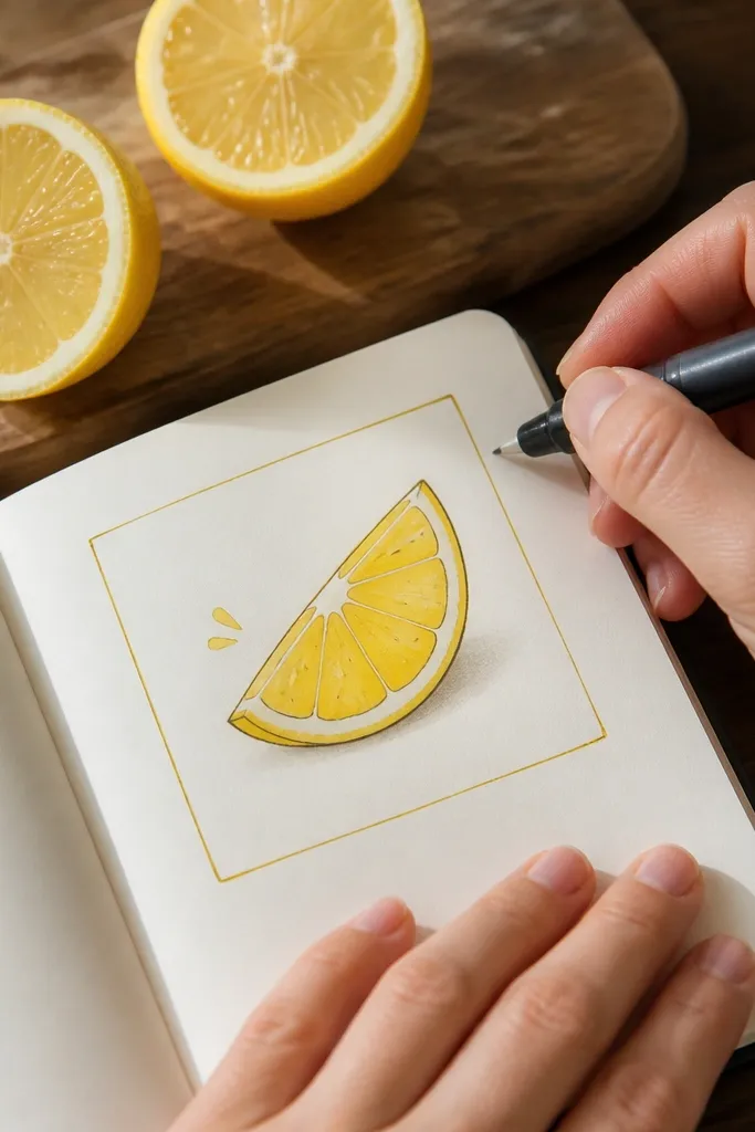 Bright lemon wedge with tiny seed dots and a small outline