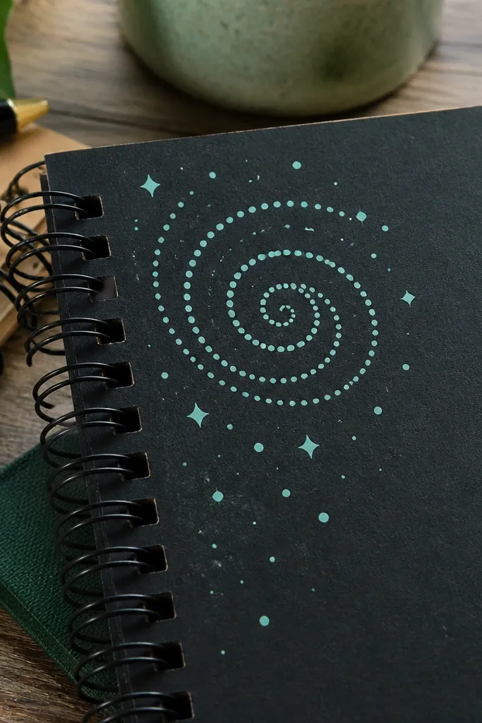 Spiral spring-like doodle in the corner with tiny dots