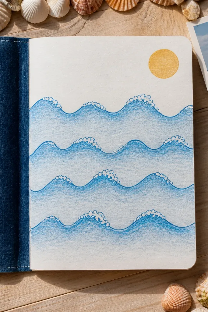 Blue wave bands with white foam dots and a small sun