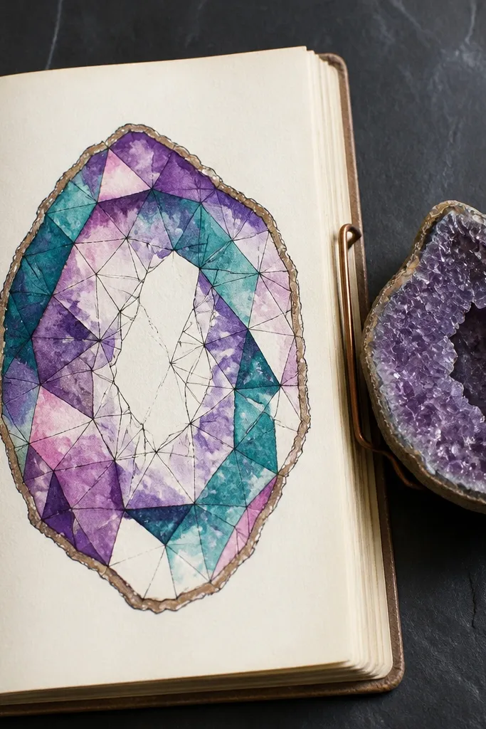 Geode slice with jagged outline and gemstone color facets