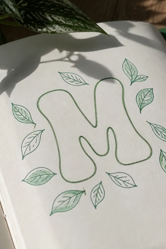 Hand-lettered letter in a bubble with small leaf doodles around it