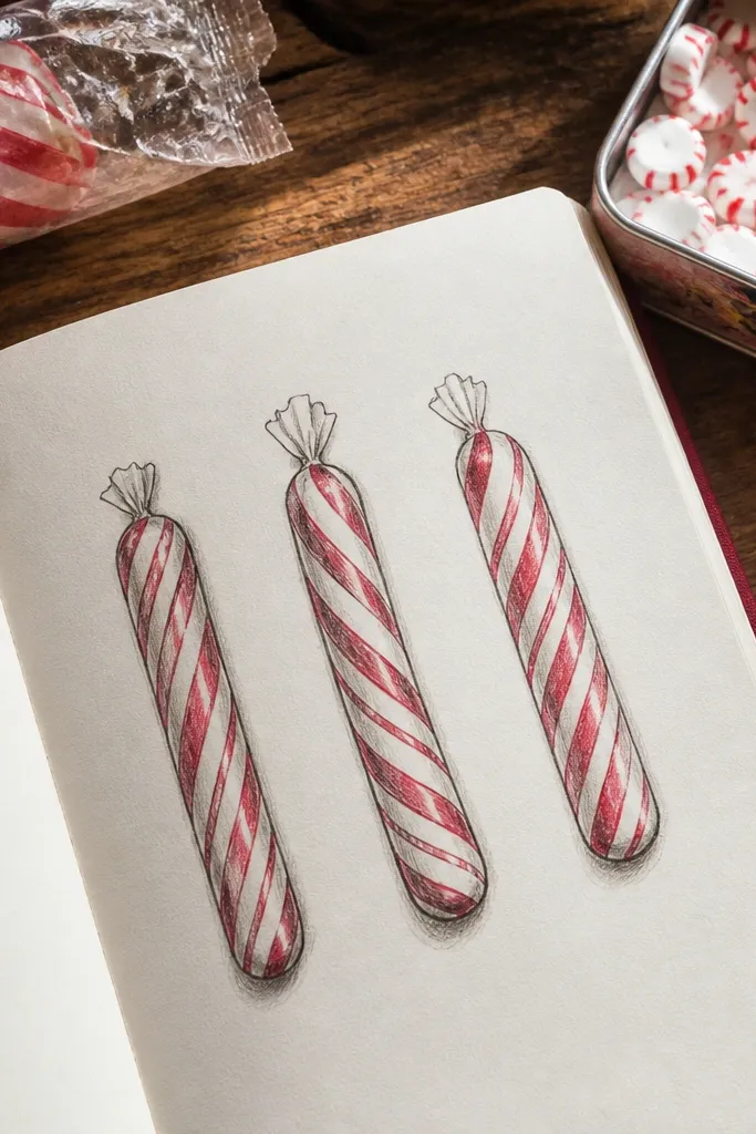 Three peppermint candies with spiral stripes and tiny bows
