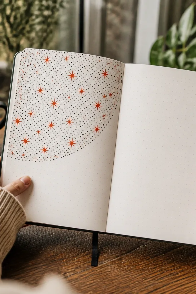 Confetti dots and small starbursts filling a circle area