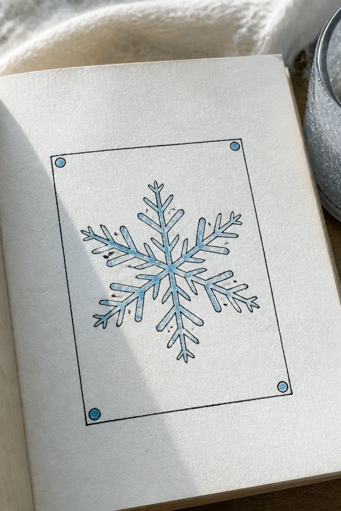 Snowflake outline inside a rectangle frame with small dot accents