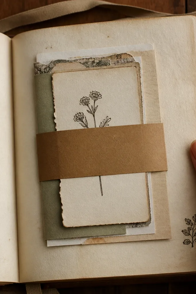 Book page belly band holding a small card with handwritten lines