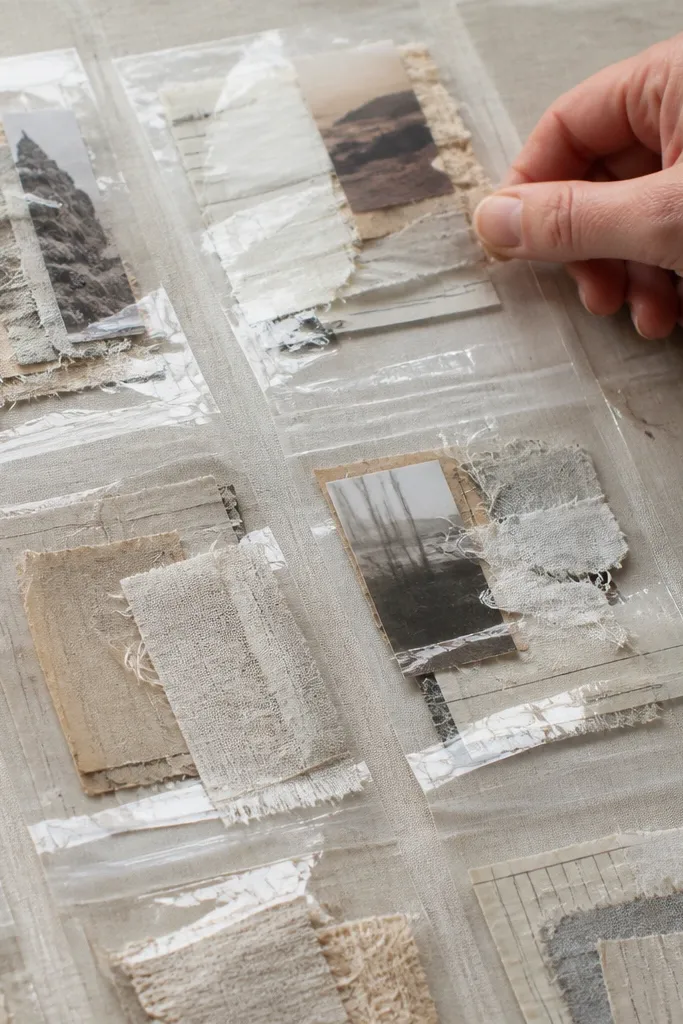 A collage page with small paper squares under a clear tape pocket