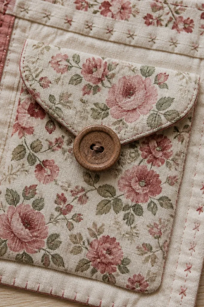 A fabric pocket page with a small button closure and stitched edges