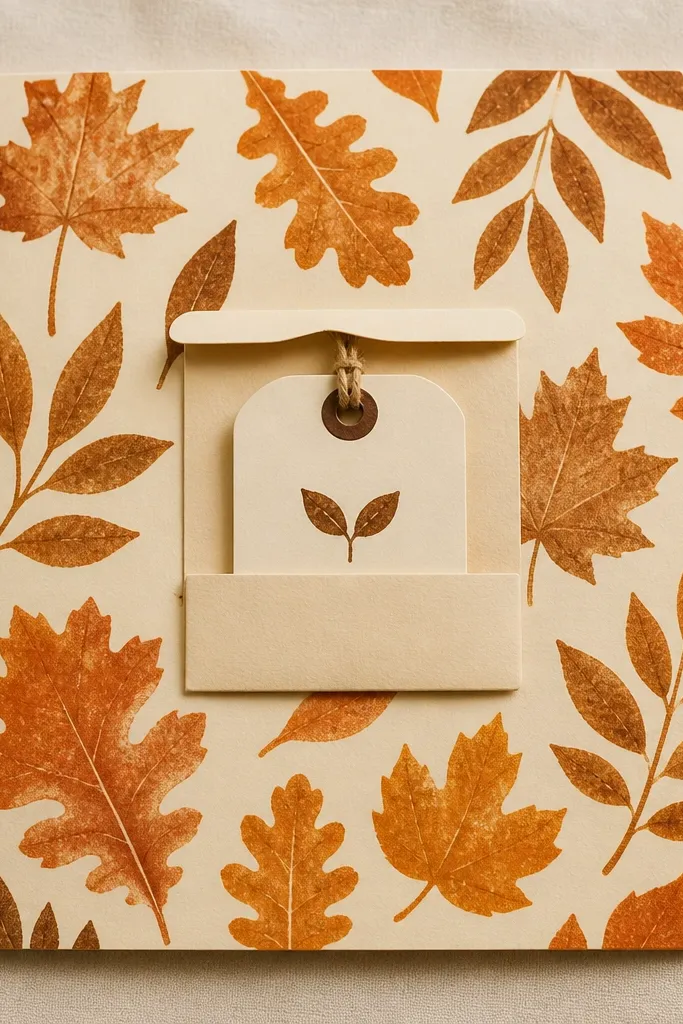 A leaf-stenciled background with a small seed tag tucked into a side pocket
